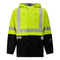 The Lac-Mac Colour Block High-Vis Yellow/Black Jacket, 707JX, made with PYRAD® WINDSTOPPER® by GORE-TEX Labs, features flame resistance, reflective stripes, a hood, sleeve and front patches; CSA Z96 compliant for workplace safety.