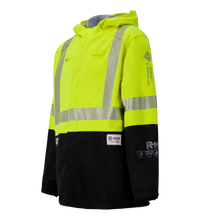 The Lac-Mac Colour Block High-Vis Yellow/Black Jacket (707JX), made with PYRAD® WINDSTOPPER® by GORE-TEX Labs, features reflective stripes, hood, and labeled patches. CSA Z96 compliant. Displayed on a plain white background.