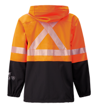 The Lac-Mac Colour Block High-Vis Orange/Black Jacket (707JX) features PYRAD® WINDSTOPPER® by GORE-TEX Labs, an orange upper, black lower, "X" reflective stripes on the back, and elastic cuffs.