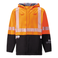 The Lac-Mac Colour Block High-Vis Orange/Black Jacket, model 707JX, features PYRAD® WINDSTOPPER® by GORE-TEX Labs for safety and durability, with reflective stripes, a hood, and multiple front and sleeve logos.