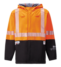 The Lac-Mac Colour Block High-Vis Orange/Black Jacket, model 707JX, features PYRAD® WINDSTOPPER® by GORE-TEX Labs for safety and durability, with reflective stripes, a hood, and multiple front and sleeve logos.