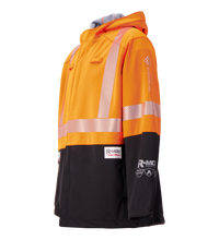The Lac-Mac Colour Block High-Vis Orange/Black Jacket 707JX features PYRAD® WINDSTOPPER® by GORE-TEX Labs, reflective stripes, hood, and safety certification patches for enhanced visibility and protection.