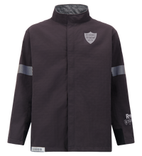 The Lac-Mac Switch Suit Jacket, 75 Cal. ARC Rated (707KA), in dark gray features a high collar, reflective sleeve bands, subtle chest logo, white text on right sleeve and hem. FR ARC-Flash rated for 75 Cal and meets NFPA 70E standards.