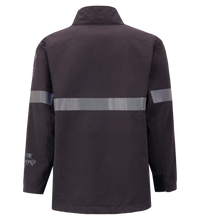 The Lac-Mac Switch Suit Jacket (707KA) is a dark FR jacket with a high collar, long sleeves, and a horizontal reflective stripe, offering 75 Cal ARC protection for enhanced NFPA 70E compliance.