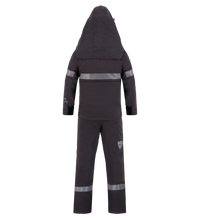 The Lac-Mac, Limited 40 Cal. Women's Switch Suit Kit, 800KW is a dark hooded arc flash suit with silver reflective bands on the jacket and pants, shown from the back and designed to meet PPE Category 4 standards.
