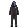 The Lac-Mac, Limited 40 Cal. Women's Switch Suit Kit, 800KW is a black full-body arc flash protective suit with reflective bands and a large clear face shield, offering PPE Category 4 and 40 cal protection, shown on a white background.