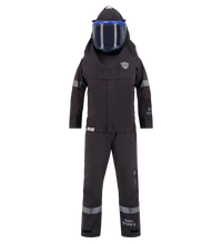 The Lac-Mac, Limited 40 Cal. Women's Switch Suit Kit, 800KW is a black full-body arc flash protective suit with reflective bands and a large clear face shield, offering PPE Category 4 and 40 cal protection, shown on a white background.