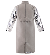 The Lac-Mac Aluminized Protective Duster Coat 707MAD features metallic silver long sleeves and a light gray body, made of molten and heat protective fabric, shown from the back.