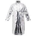The Lac-Mac Aluminized Protective Duster Coat (707MAD) features full-length sleeves and a high collar, made for molten and heat protection in industrial settings. Shown in metallic silver on a plain white background; compliant with ASTM F955.