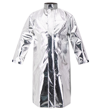 The Lac-Mac Aluminized Protective Duster Coat (707MAD) features full-length sleeves and a high collar, made for molten and heat protection in industrial settings. Shown in metallic silver on a plain white background; compliant with ASTM F955.