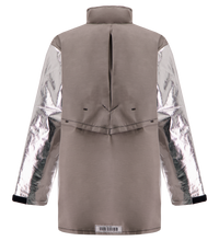The Lac-Mac 707MA Aluminized Protective Jacket for molten splash features a taupe body, metallic silver sleeves, high collar, vented back yoke, and black cuffs. Displayed against a white background.