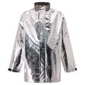 The Lac-Mac Limited Aluminized Protective Jacket 707MA is a long-sleeved, silver jacket with black-trimmed cuffs and high collar, made for molten splash protection. ASTM F955 compliant. Displayed on a plain white background.