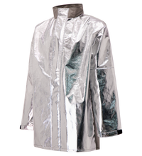 The Lac-Mac Aluminized Protective Jacket, 707MA, for molten splash, features long sleeves, a high collar, and front closure. Crafted from protective fabric with a silver metallic finish and shown on a plain background.