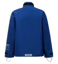 The Lac-Mac Multi-Haz Protective Jacket 707ZABA, shown from the back in blue, features double sleeves, a high collar, adjustable cuffs, and printed symbols. Made with durable GORE-TEX PYRAD for advanced protection against flammable liquid chemical hazards.