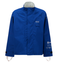 The Lac-Mac Multi-Haz Protective Jacket 707ZABA is a blue, double sleeve jacket for flammable liquid chemical hazards, featuring a high collar, front flap, and safety insignias; crafted with GORE-TEX PYRAD for advanced protection.