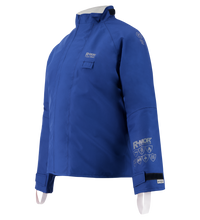 The Lac-Mac Multi-Haz Protective Jacket 707ZABA for flammable liquid chemical hazards features double sleeves, a high collar, chest pocket, Velcro cuffs, and GORE-TEX PYRAD technology, displayed on a mannequin.