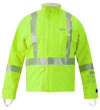 The Lac-Mac Multi-Haz Protective Jacket 707ZABB features double sleeves, a high-visibility neon yellow design with reflective stripes, stand-up collar, Velcro cuffs, and durable GORE-TEX PYRAD material for flammable liquid chemical hazard protection.