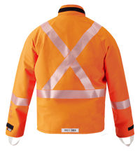 The Lac-Mac Multi-Haz Protective Jacket, model 707ZABB, features double sleeves for flammable liquid chemical hazards and high-visibility orange fabric with reflective silver X-shaped stripes on the back, shown against a plain white background.