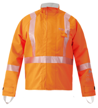 The Lac-Mac Multi-Haz Protective Jacket, 707ZABB, double-sleeved for flammable liquid chemical hazards, features high-visibility orange fabric and reflective silver stripes on the chest, arms, and shoulders, shown against a plain white background.