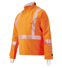The Lac-Mac Multi-Haz Protective Jacket, 707ZABB, features double sleeves, reflective strips, front pocket, adjustable cuffs, and GORE-TEX PYRAD tech for flammable liquid chemical hazards. Displayed on a plain background.