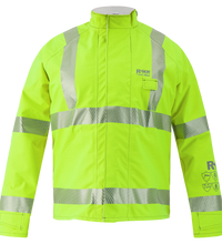 A front view of a neon yellow Lac-Mac Multi-Haz Protective Jacket 707ZABH for flammable liquid chemical hazards, featuring reflective silver stripes, a small front pocket, and enhanced safety properties.