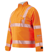 The Lac-Mac Multi-Haz Protective Jacket 707ZABH is a high-visibility orange jacket with reflective silver stripes, a front zipper, and protective markings on the left sleeve, designed for flammable liquid chemical hazards.