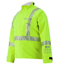 The Lac-Mac Limited Multi-Haz Protective Jacket 707ZABJ is a high-visibility yellow, flame-resistant jacket for flammable liquid chemical hazards, with silver reflective stripes, long sleeves, front zipper, and safety certification icons on the left sleeve.