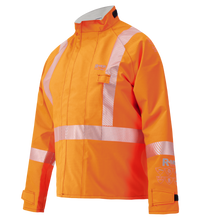The Lac-Mac Multi-Haz Protective Jacket, model 707ZABJ, offers high-visibility orange fabric with silver reflective stripes, a front zipper, and chest pocket. Flame resistant for flammable liquid chemical hazards.