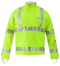 The Lac-Mac Limited Multi-Haz Protective Jacket 707ZABR, shown on a white background, features high-visibility yellow color, reflective silver stripes, and double sleeves for flammable liquid chemical hazard protection.