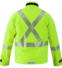 The Lac-Mac Multi-Haz Protective Jacket 707ZACV, designed for flammable liquid chemical hazards, features GORE-TEX PYRAD tech and high-visibility yellow fabric with reflective silver X-shaped and horizontal stripes, shown from the back.