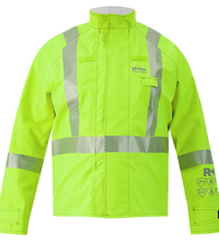 The Lac-Mac Multi-Haz Protective Jacket (707ZACV) for flammable liquid chemical hazards features high-visibility yellow, reflective silver stripes, long sleeves, front closure, and logo accents. Shown on a white background.