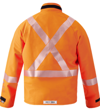 The Lac-Mac Multi-Haz Protective Jacket (707ZACV) for flammable liquid chemical hazards features high-visibility orange GORE-TEX PYRAD fabric with reflective silver "X" stripes on the back, shown against a plain background.