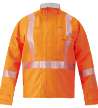 The Lac-Mac Multi-Haz Protective Jacket 707ZACV, designed for flammable liquid chemical hazards, features high-visibility orange color with reflective silver stripes and is made from flame resistant GORE-TEX PYRAD fabric.