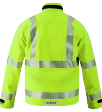 The Lac-Mac Multi-Haz Protective Jacket (707ZACY), shown from the back, features high-visibility fluorescent yellow, silver reflective stripes, and flame-resistant GORE-TEX PYRAD fabric for protection against flammable liquid chemical hazards.
