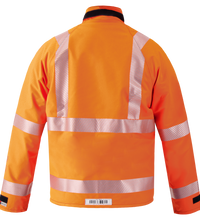Back view of the Lac-Mac Multi-Haz Protective Jacket 707ZACY in orange, featuring flame-resistant GORE-TEX PYRAD material and reflective silver stripes on sleeves, shoulders, and waist. Designed for flammable liquid chemical hazards. Shown on white background.
