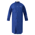 The Lac-Mac Multi-Haz Protective Duster Coat 707ZD, for flammable liquid chemical hazards, features long sleeves, a standing collar, snap buttons, chest pocket, and blue GORE-TEX PYRAD fabric. Displayed on a headless mannequin. NFPA 1990 certified.