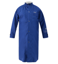 The Lac-Mac Multi-Haz Protective Duster Coat 707ZD, for flammable liquid chemical hazards, features long sleeves, a standing collar, snap buttons, chest pocket, and blue GORE-TEX PYRAD fabric. Displayed on a headless mannequin. NFPA 1990 certified.