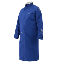 The Lac-Mac Multi-Haz Protective Duster Coat 707ZD, designed for flammable liquid chemical hazards, features long sleeves, blue GORE-TEX PYRAD fabric, snap buttons, a high collar, and a chest pocket on a plain background.