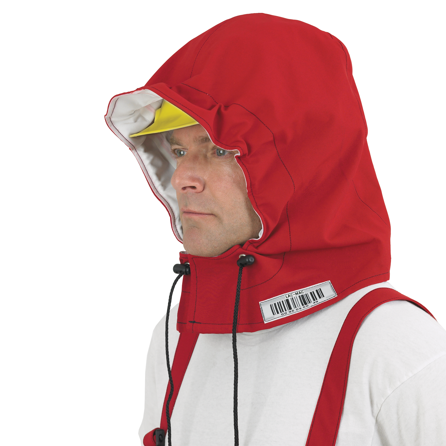 A person in a red hooded jacket with drawstrings, featuring GORE-TEX Chemical Splash Fabric, wears a white shirt and a yellow cap underneath. The barcode is visible on the Chemical Splash Protective Hood, for non-flammable liquid chemical hazards, 708XC by Lac-Mac, Limited.