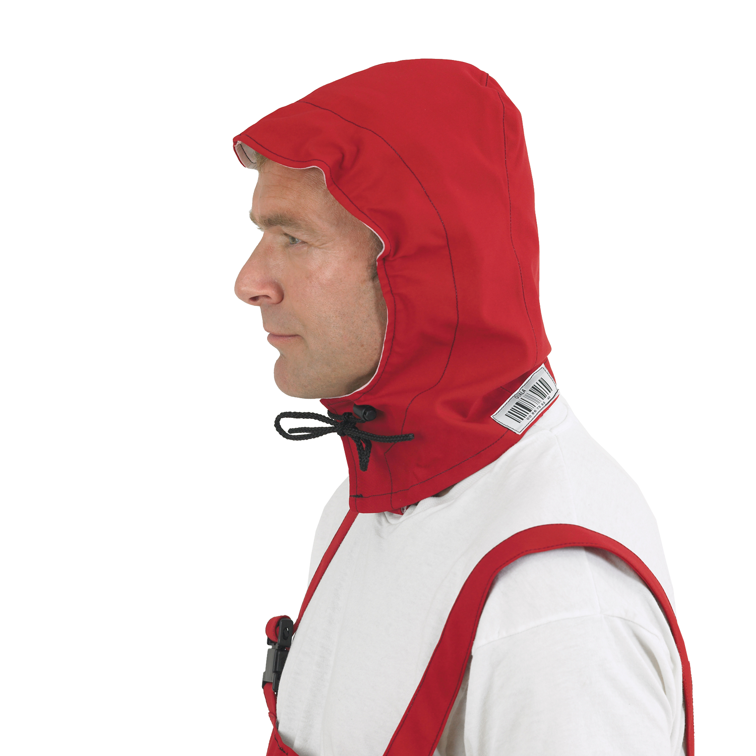 A man wearing a red hood and vest over a white shirt, looking to the left, appears ready for anything with his Lac-Mac, Limited Chemical Splash Protective Hood, for non-flammable liquid chemical hazards, 708XD.