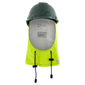 A grey hard hat with a yellow mesh neck shade, interior label, and adjustable drawstrings is designed to pair with the Lac-Mac Multi-Haz Protective Hood (708ZXC) for flammable liquid chemical hazards for enhanced safety.