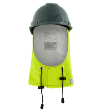 A grey hard hat with a yellow mesh neck shade, interior label, and adjustable drawstrings is designed to pair with the Lac-Mac Multi-Haz Protective Hood (708ZXC) for flammable liquid chemical hazards for enhanced safety.