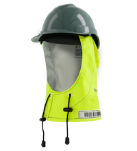 The Lac-Mac Multi-Haz Protective Hood 708ZXC offers protection against flammable liquid chemical hazards, featuring high-visibility yellow, adjustable drawstrings, and enhanced outdoor safety.