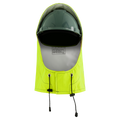 The Lac-Mac Multi-Haz Protective Hood, 708ZXC, for flammable liquid chemical hazards, is a green hard hat with a yellow hi-vis neck shield, drawstrings, and an inner label, shown from above on a white background.