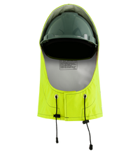 The Lac-Mac Multi-Haz Protective Hood, 708ZXC, for flammable liquid chemical hazards, is a green hard hat with a yellow hi-vis neck shield, drawstrings, and an inner label, shown from above on a white background.