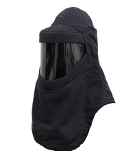 The Lac-Mac Switch Suit Hood and Face Shield Ensemble, 709KA, is a black protective hood with integrated dark shield and neck covering, rated for 75 Cal ARC flash protection.