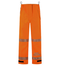 The Lac-Mac Women's Pant 710FWAC is a high-visibility, FR/ARC-rated PPE with US markings, in orange with silver reflective bands, black adjustable ankle straps, and two front pockets—combining style and safety on a plain white background.