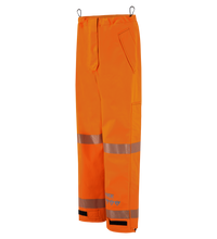 Lac-Mac Women’s Pant 710FWAC: High-visibility orange FR/ARC-rated PPE with US markings, reflective stripes, side pockets, and adjustable cuffs. Shown on a plain white background for safety and comfort.
