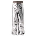 Front view of Lac-Mac Limited's Aluminized Protective Pant, 710MA: metallic silver, wide-leg design with dark waistband, button closure, reflective finish for molten and heat protection, and adjustable hem tabs.