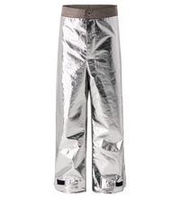 Front view of Lac-Mac Limited's Aluminized Protective Pant, 710MA: metallic silver, wide-leg design with dark waistband, button closure, reflective finish for molten and heat protection, and adjustable hem tabs.